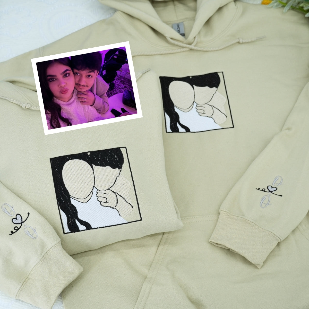 Personalized Photo Hoodie - Custom Embroidered Matching Dating Couple Gift