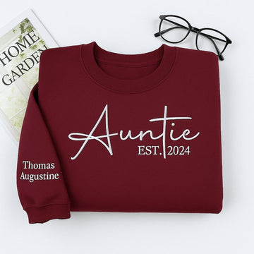 Personalized Auntie Sweatshirt with Kids Names - Custom Embroidered Gift