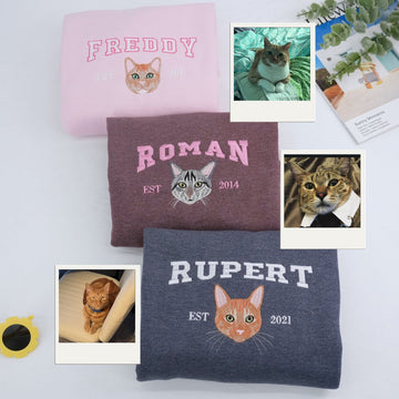 Personalized Varsity Cat Face Hoodie - Custom Embroidered Cat Lover Gift