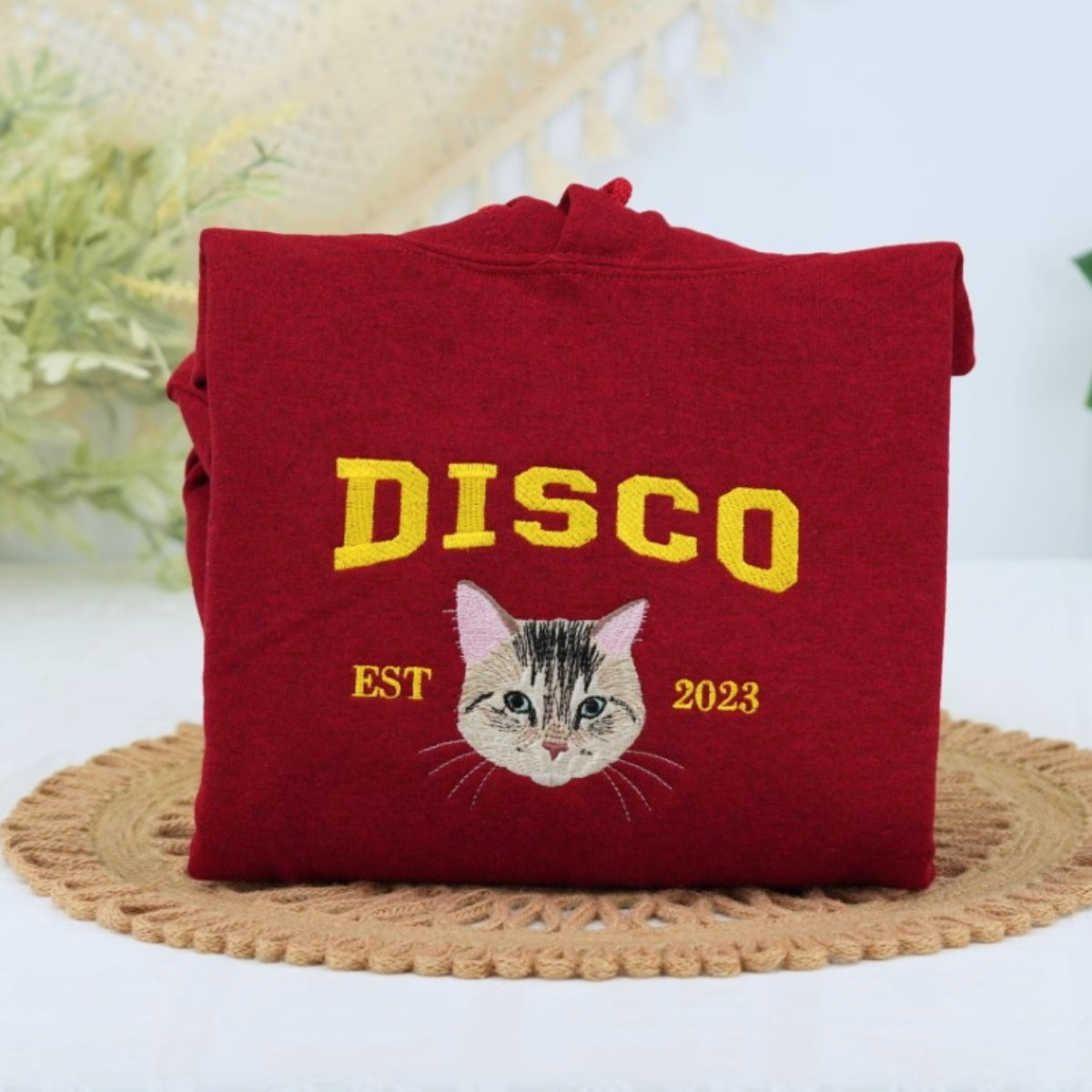 Personalized Varsity Cat Face Hoodie - Custom Embroidered Cat Lover Gift