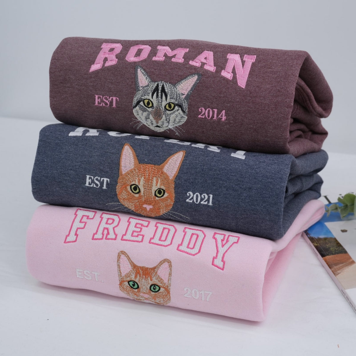 Personalized Varsity Cat Face Hoodie - Custom Embroidered Cat Lover Gift