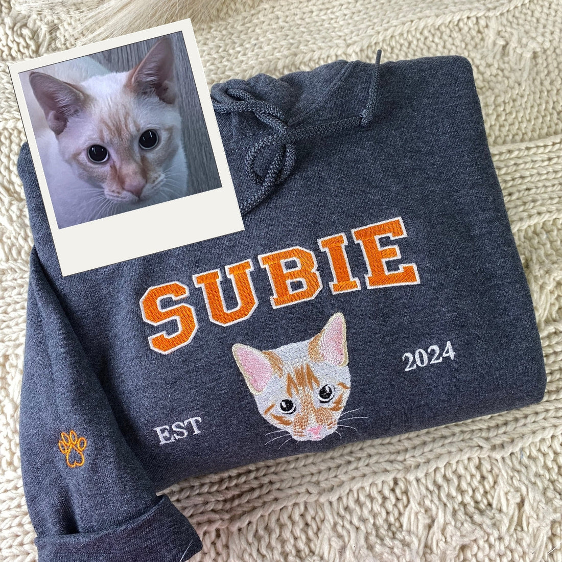 Custom Embroidered Cat Portrait Hoodie - Varsity Pet Lover Gift Sweatshirt