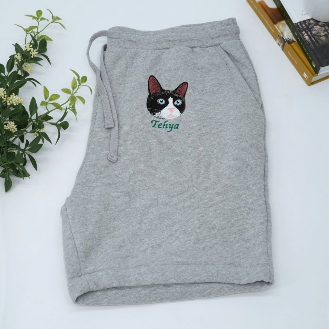 Personalized Cat Face Embroidered Shorts - Custom Cat Mom Dad Gift Apparel