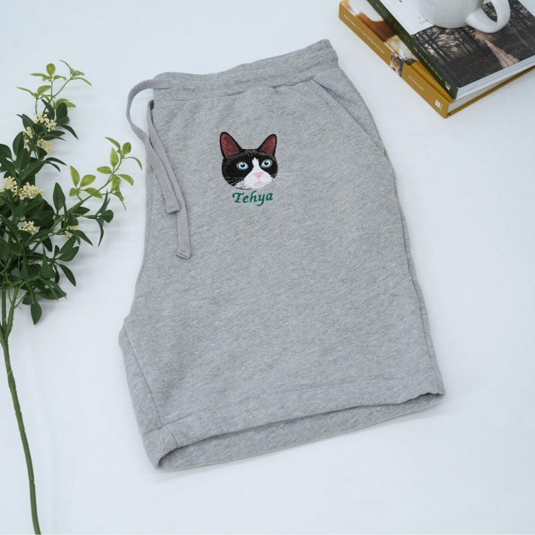 Personalized Cat Face Embroidered Shorts - Custom Cat Mom Dad Gift Apparel
