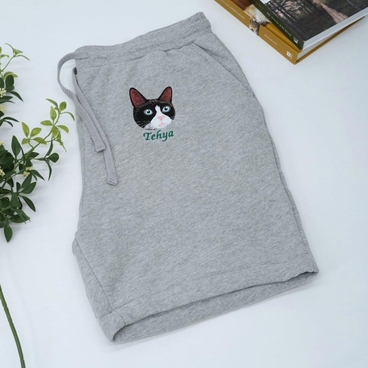Personalized Cat Face Embroidered Shorts - Custom Cat Mom Dad Gift Apparel