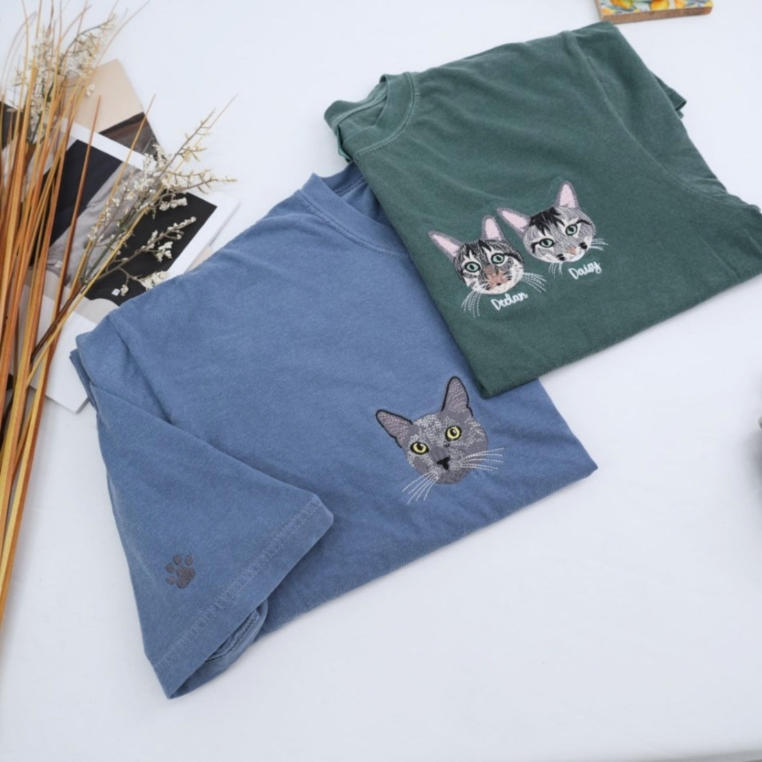 Custom Embroidered Cat Portrait Tee - Personalized Pet Photo Cat Mom Gift