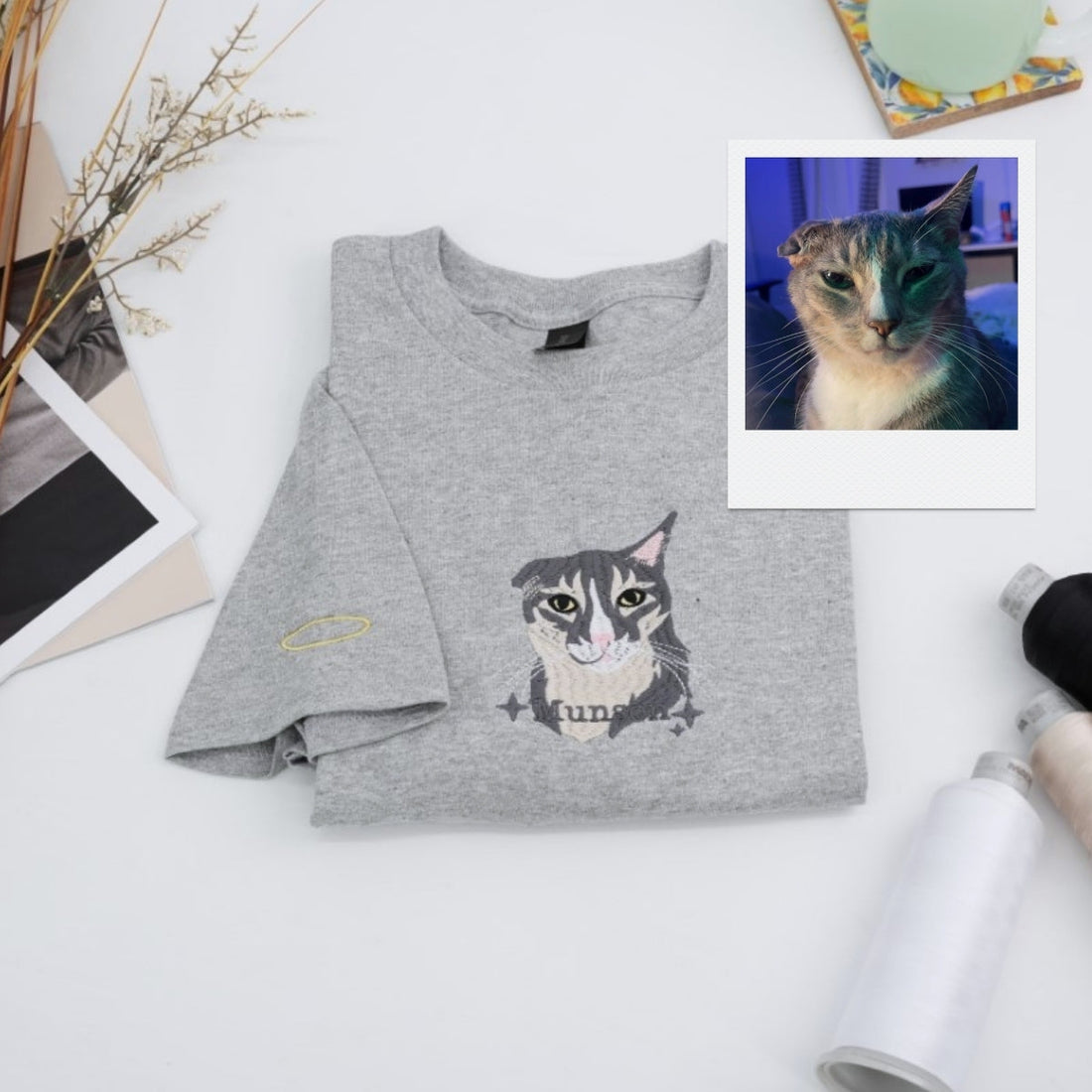 Embroidered Cat Face T-Shirt - Personalized Pet Memorial Gift for Cat Owners