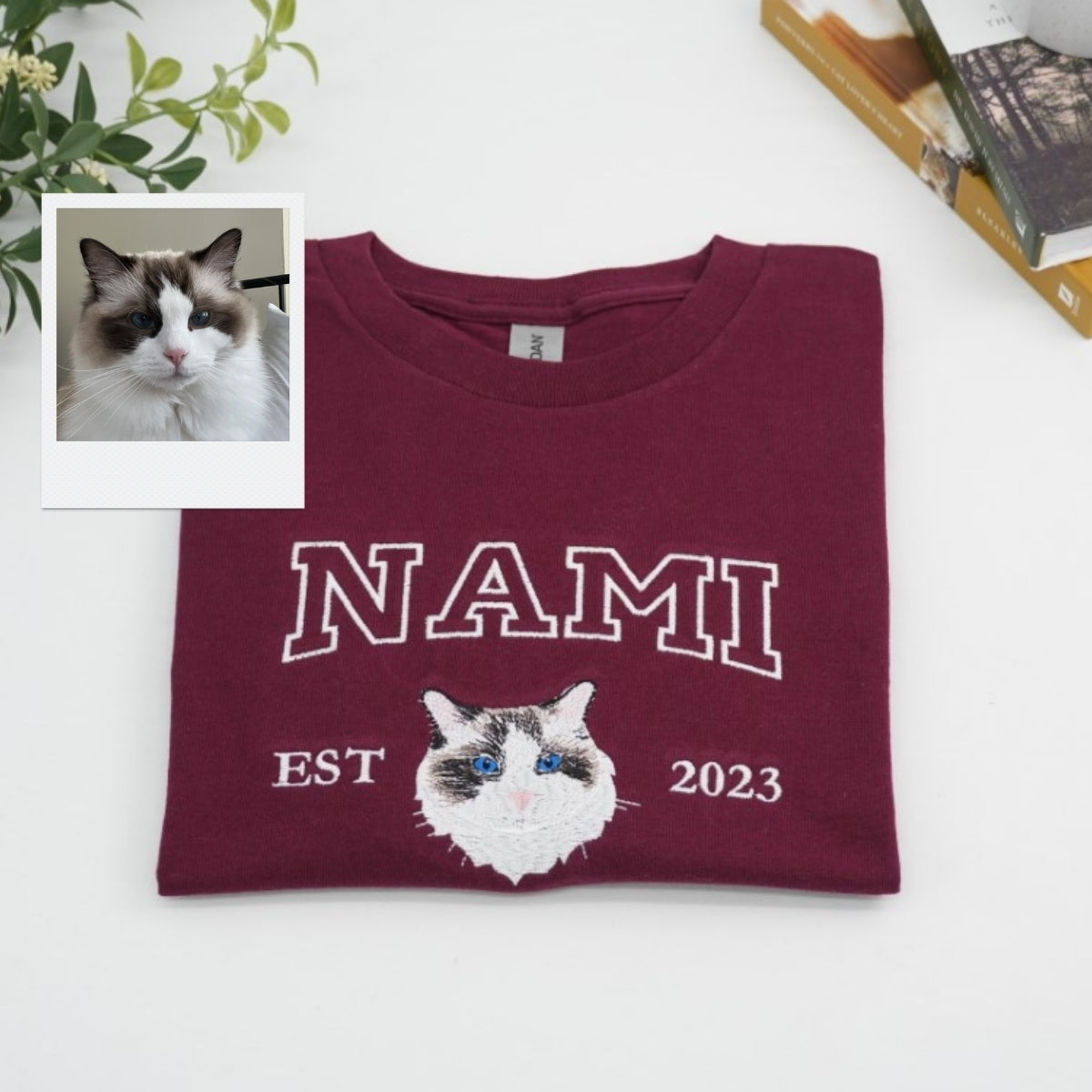 Custom Embroidered Cat Portrait Tee - Personalized Pet Memorial Shirt