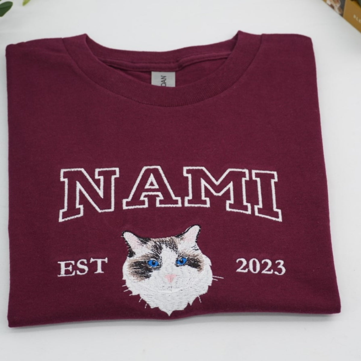 Custom Embroidered Cat Portrait Tee - Personalized Pet Memorial Shirt