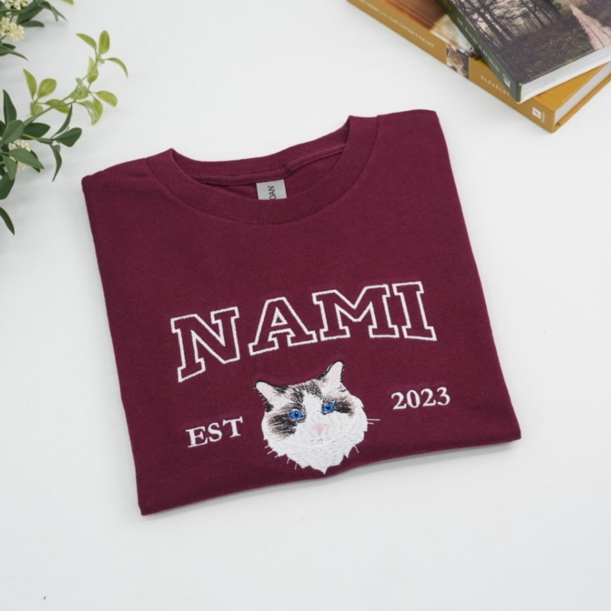 Custom Embroidered Cat Portrait Tee - Personalized Pet Memorial Shirt