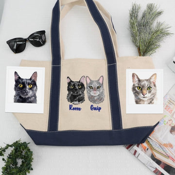Custom Embroidered Dual Cat Portrait Tote - Personalized Pet Memorial Bag