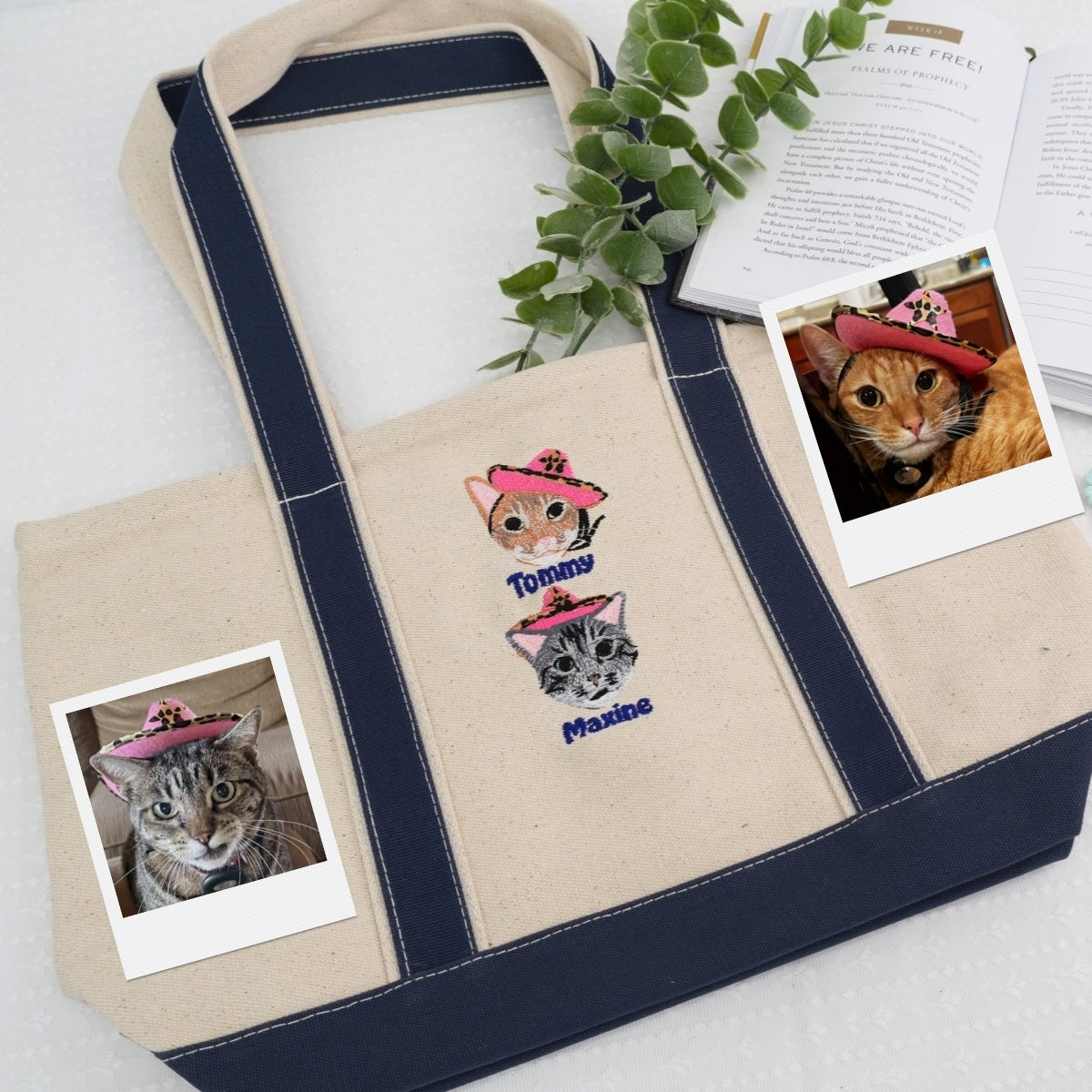 Custom Embroidered Dual Cat Portrait Tote - Personalized Pet Memorial Bag