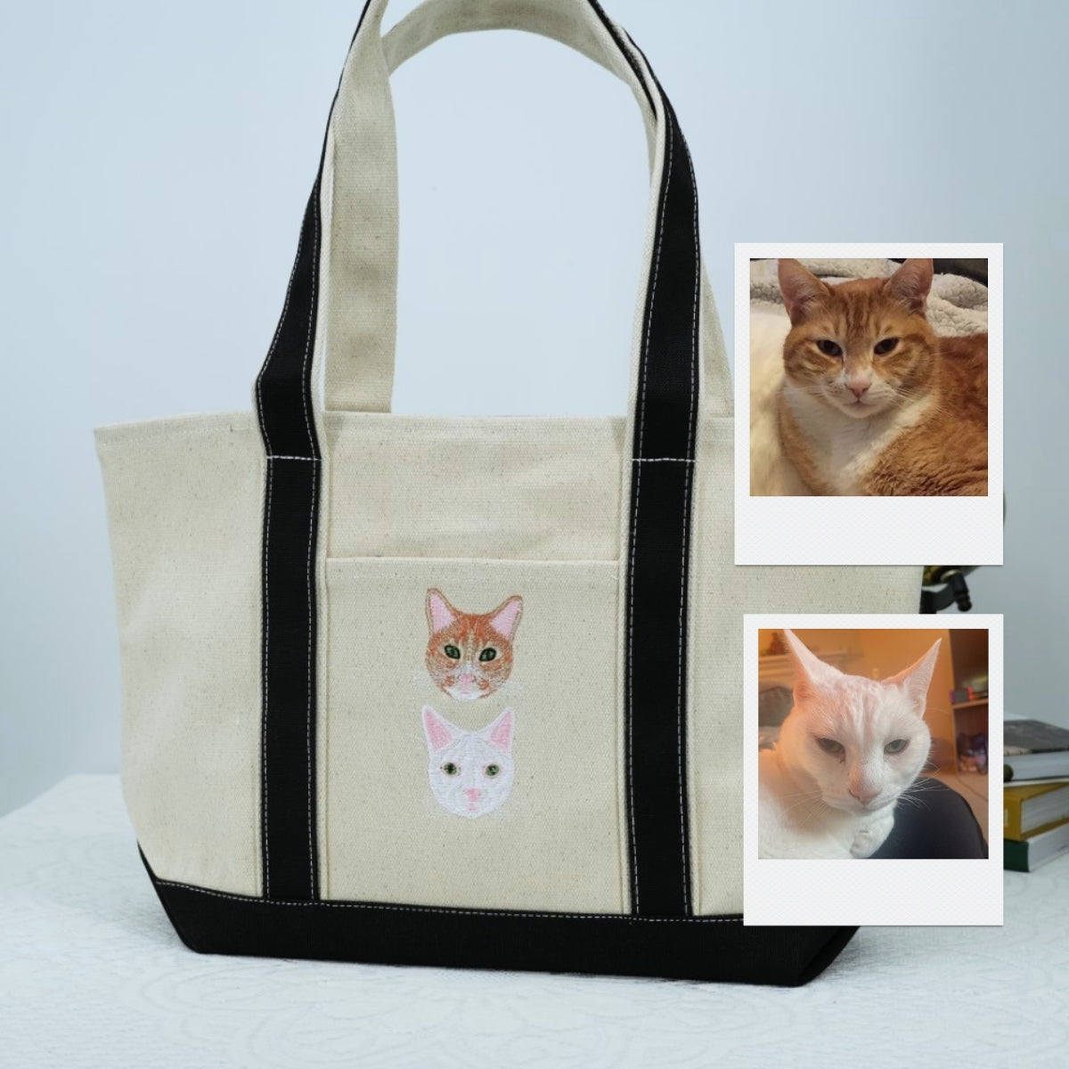 Custom Embroidered Dual Cat Portrait Tote - Personalized Pet Memorial Bag