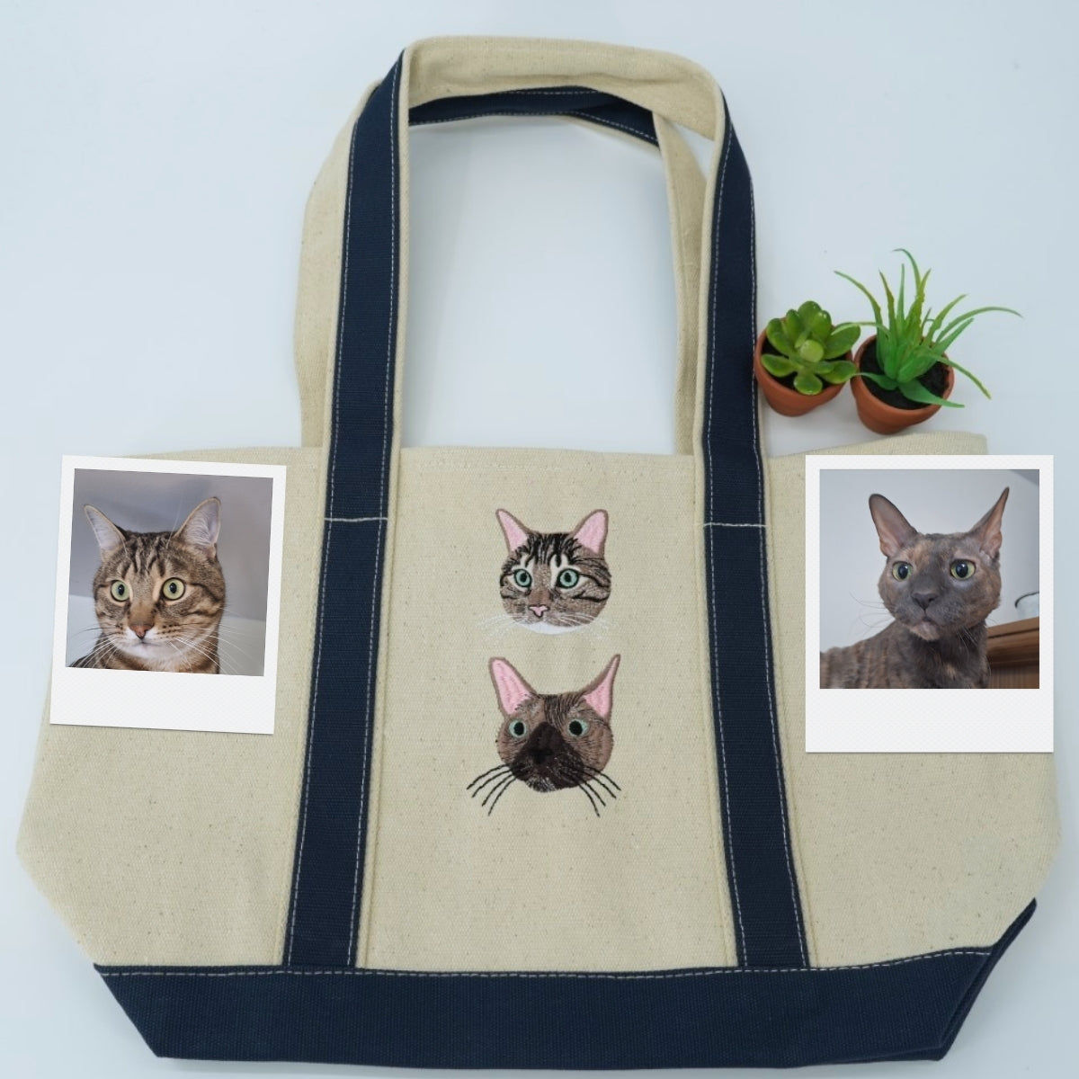 Custom Embroidered Dual Cat Portrait Tote - Personalized Pet Memorial Bag