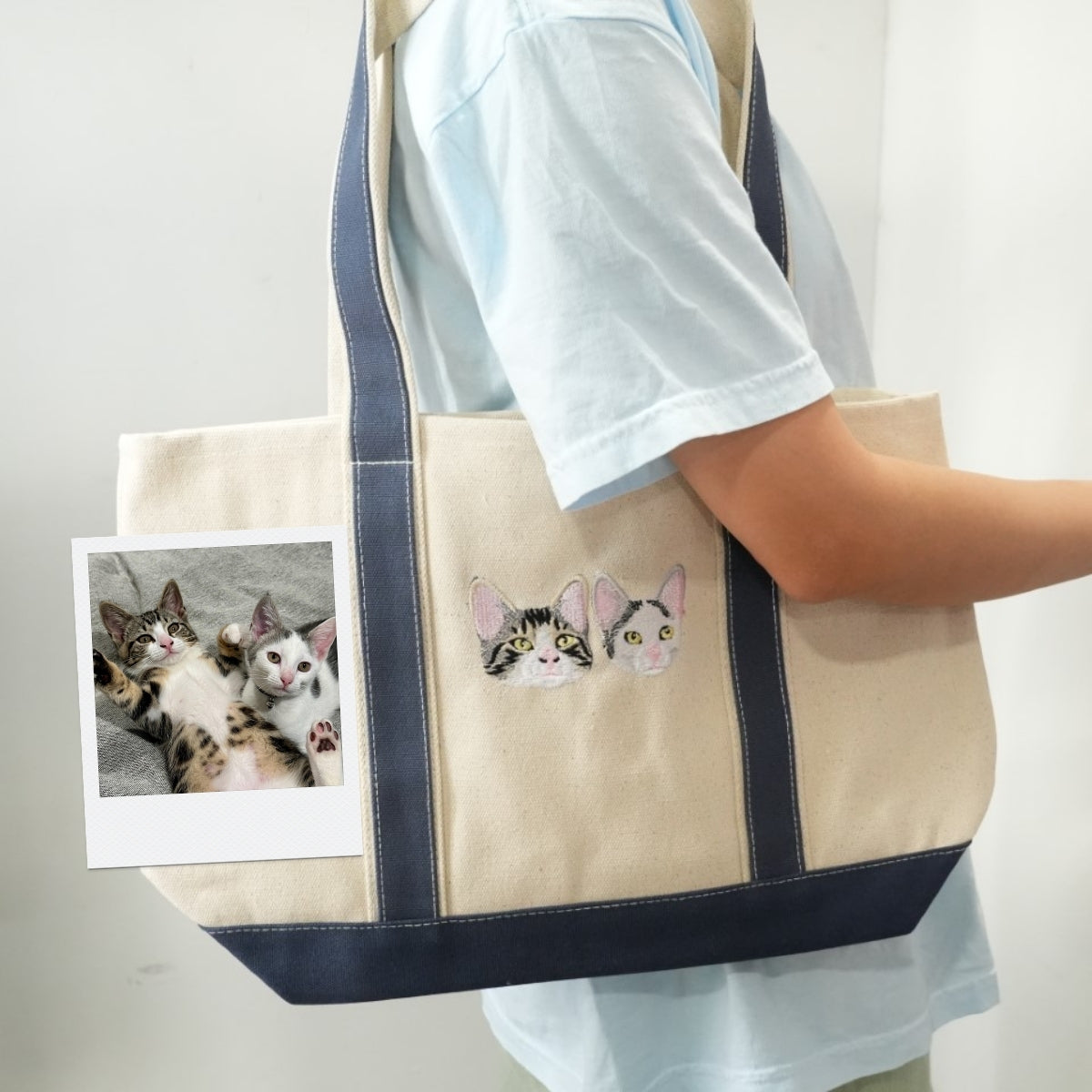 Custom Embroidered Dual Cat Portrait Tote - Personalized Pet Memorial Bag
