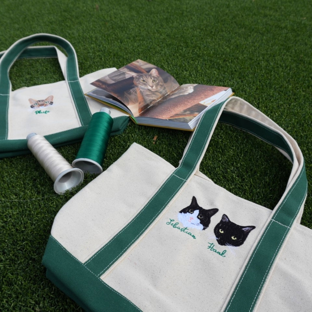 Custom Embroidered Dual Cat Portrait Tote - Personalized Pet Memorial Bag