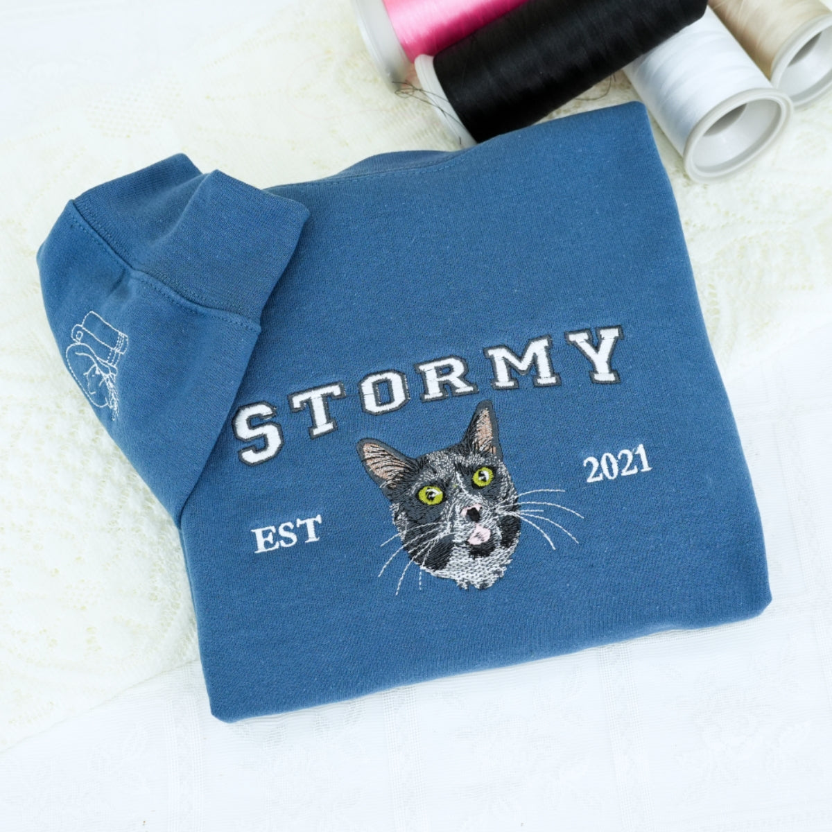 Custom Embroidered Pet Face Varsity Hoodie - Personalized Cat Lover Gift