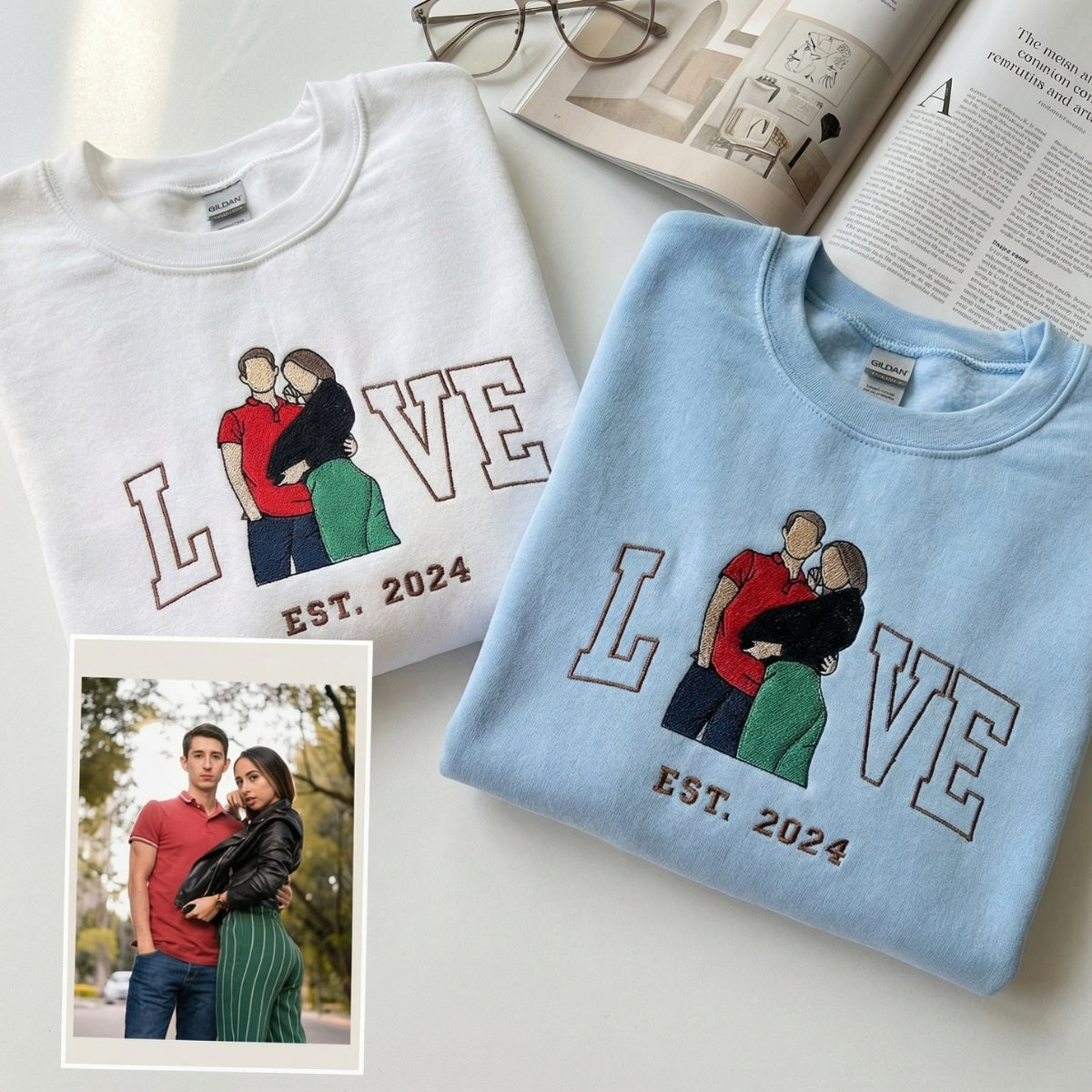 Personalized Couple Portrait Hoodie - Embroidered Valentine's Day Gift