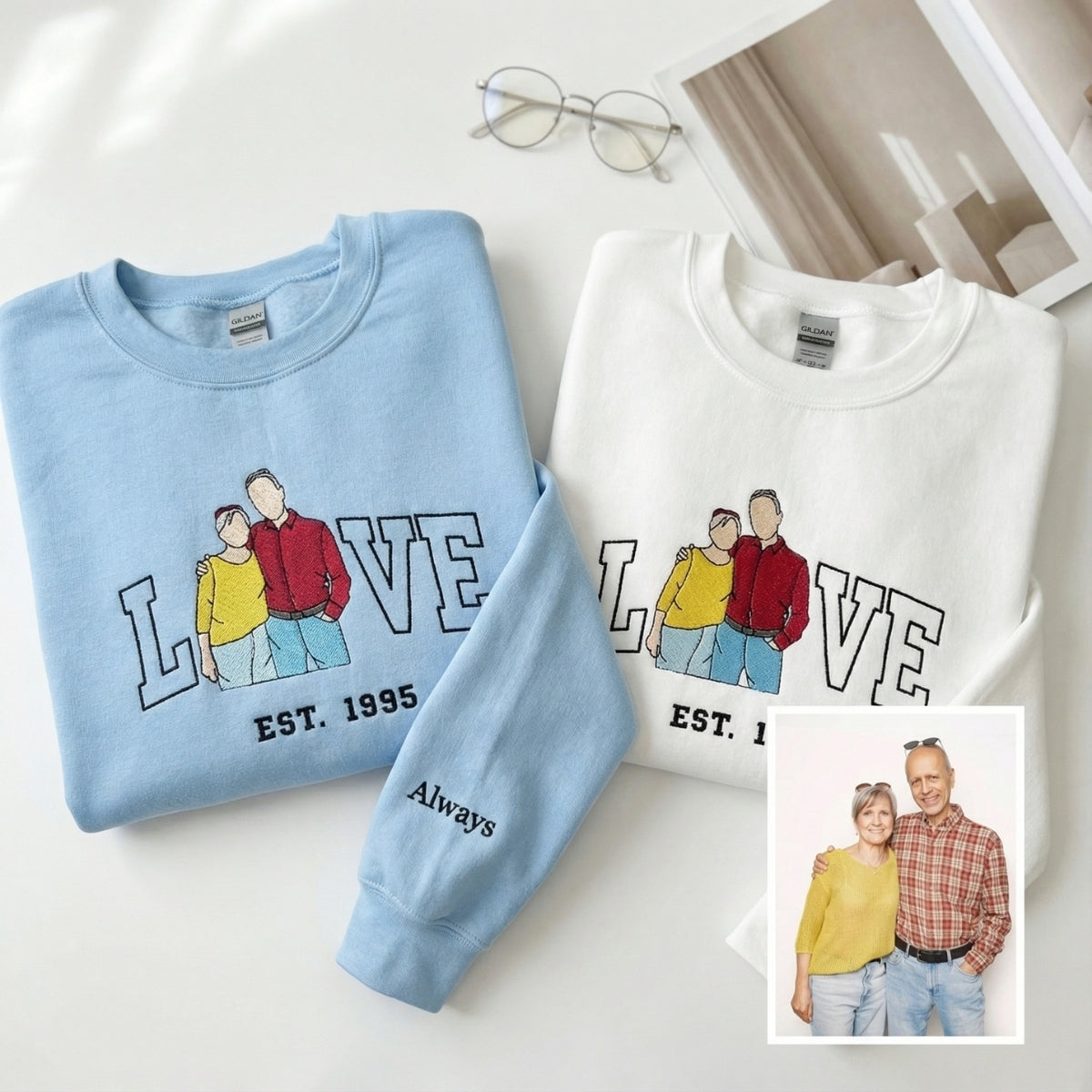 Personalized Couple Portrait Hoodie - Embroidered Valentine's Day Gift