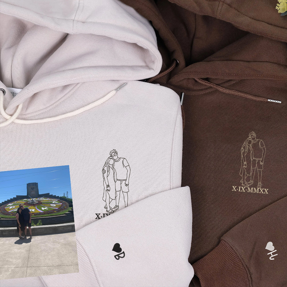 Personalized Couple Portrait Hoodie - Custom Embroidered Photo Gift