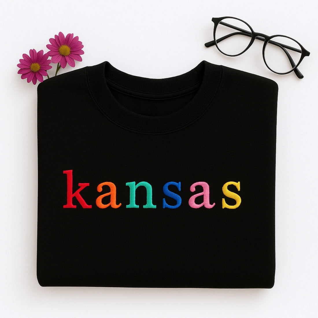 Personalized Kansas Sweatshirt - Custom Embroidered Rainbow Sunflower Gift