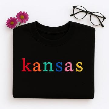 Personalized Kansas Sweatshirt - Custom Embroidered Rainbow Sunflower Gift