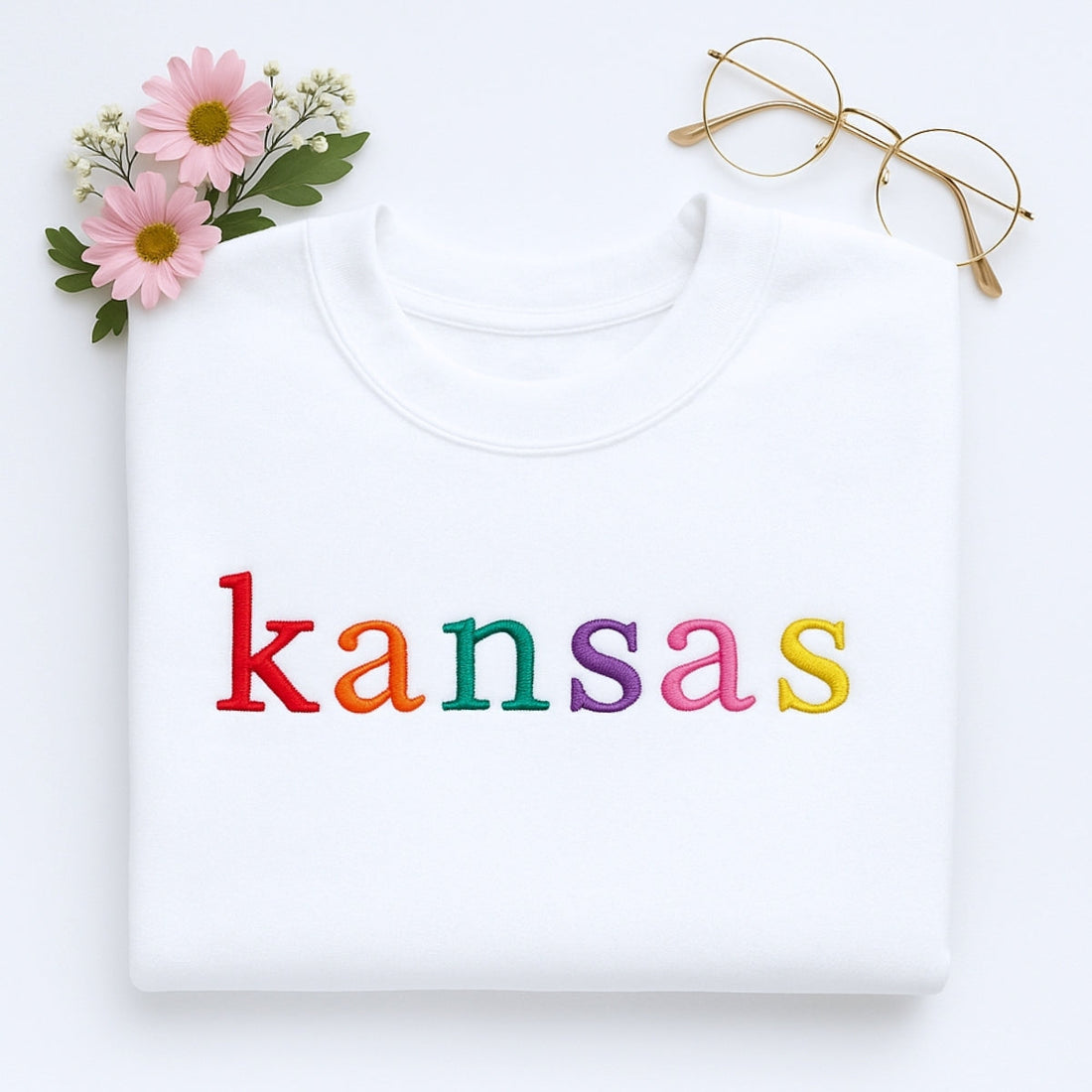 Personalized Kansas Sweatshirt - Custom Embroidered Rainbow Sunflower Gift