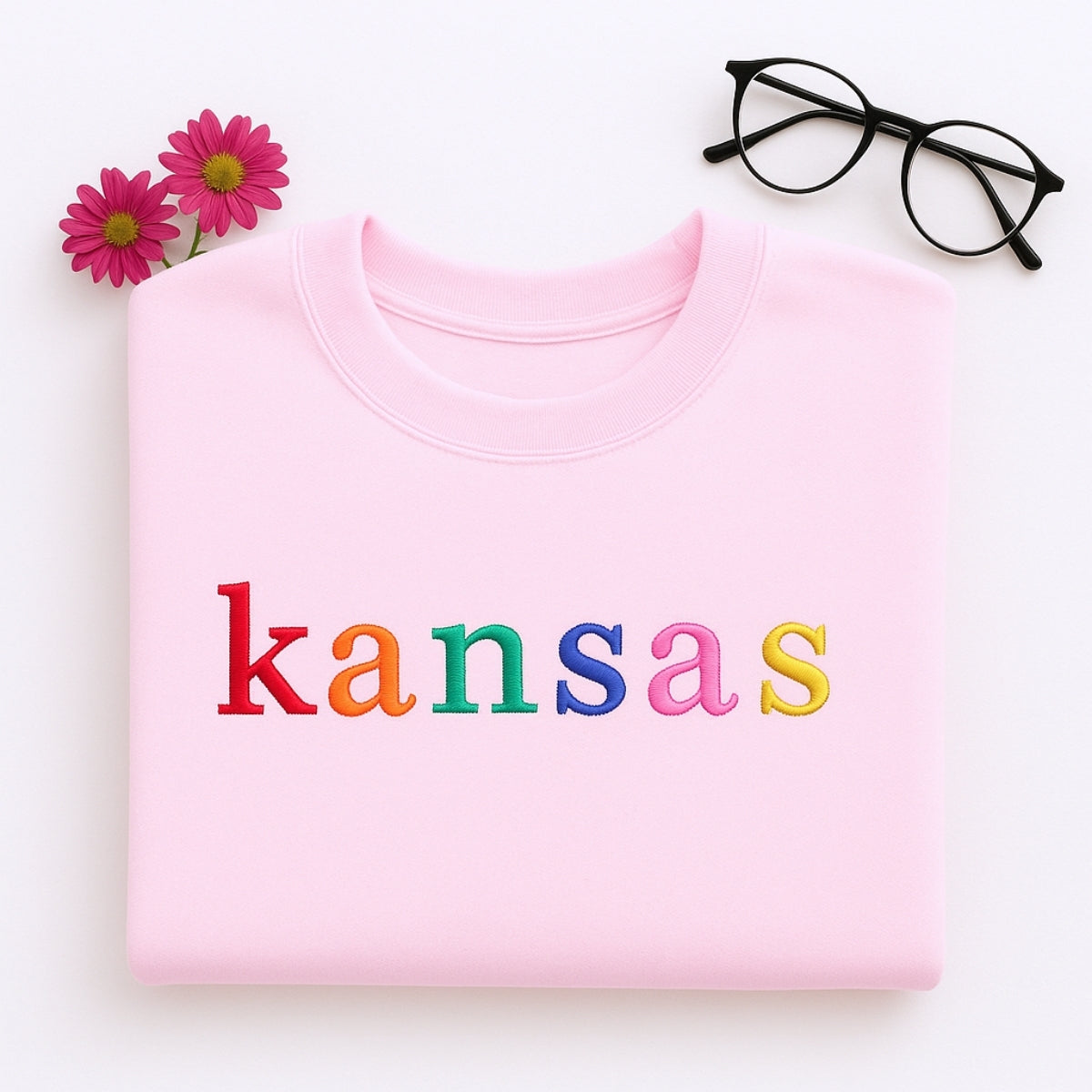 Personalized Kansas Sweatshirt - Custom Embroidered Rainbow Sunflower Gift