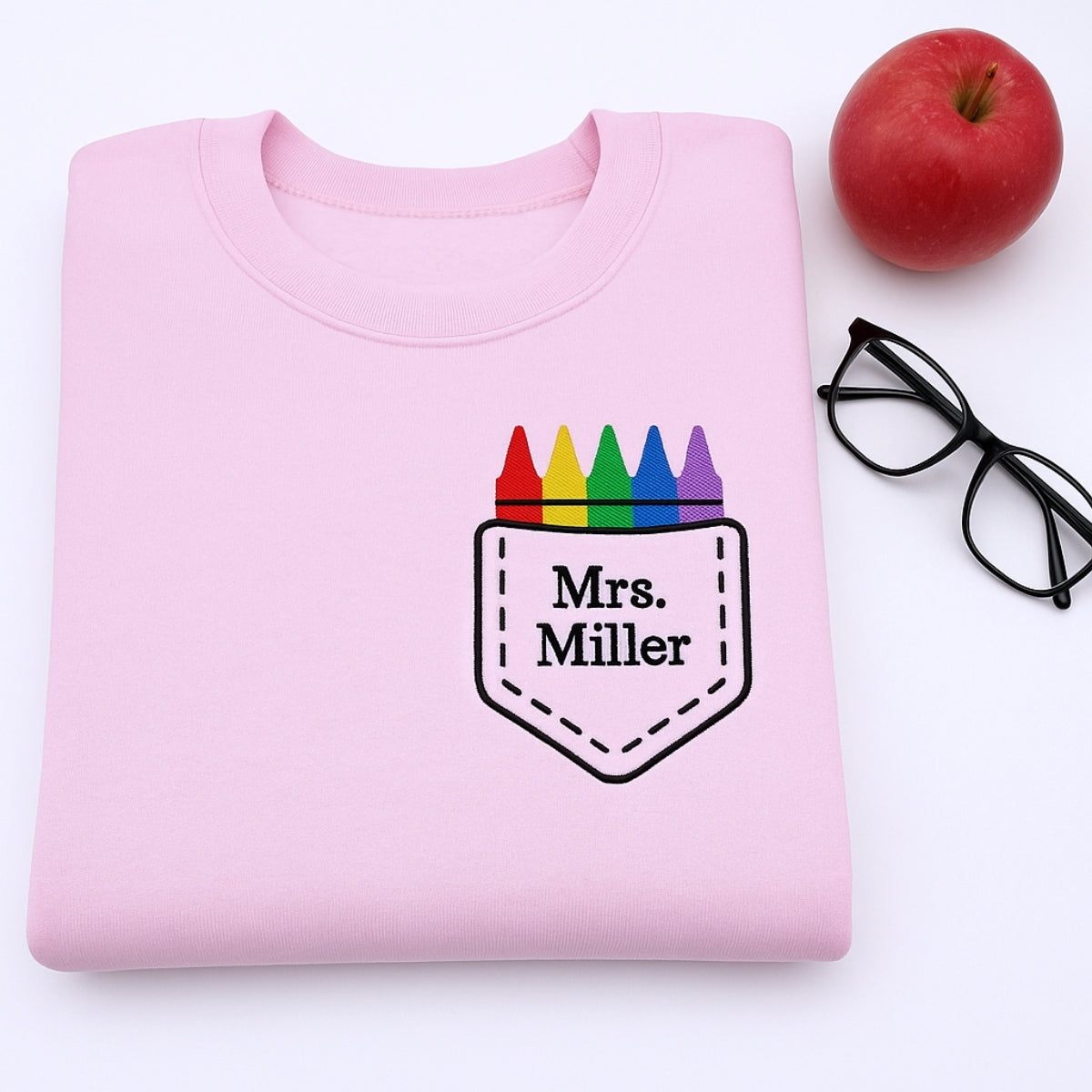 Custom Embroidered Crayon Pocket Sweatshirt - Personalized Teacher Gift