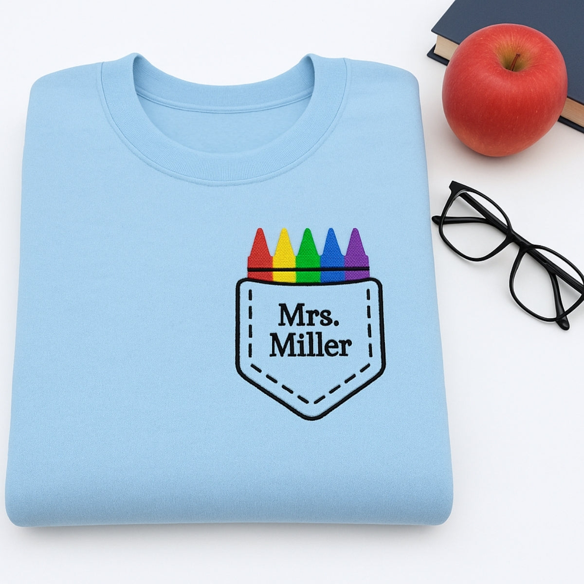Custom Embroidered Crayon Pocket Sweatshirt - Personalized Teacher Gift