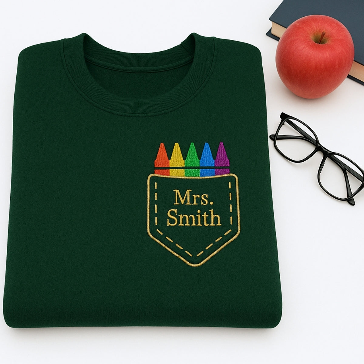 Custom Embroidered Crayon Pocket Sweatshirt - Personalized Teacher Gift