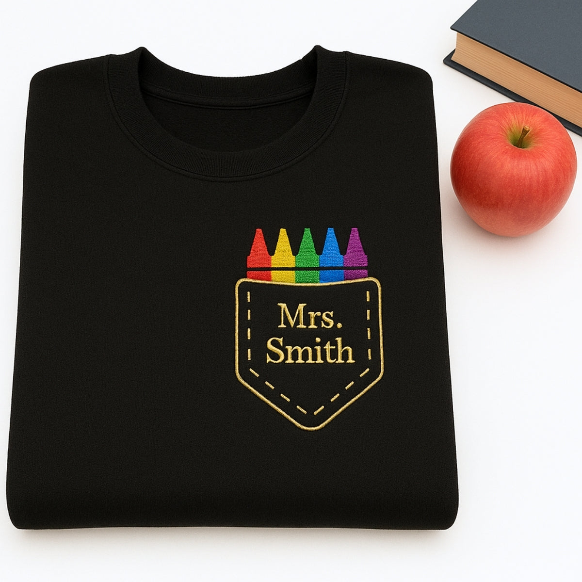 Custom Embroidered Crayon Pocket Sweatshirt - Personalized Teacher Gift